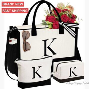 Personalized Initial Tote Bag Set with Makeup Bags, Canvas Material, Zipper